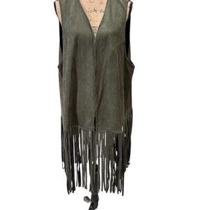 Joress Curve Vest Womens 3XL Green Fringe Boho Western Sleeveless Longline